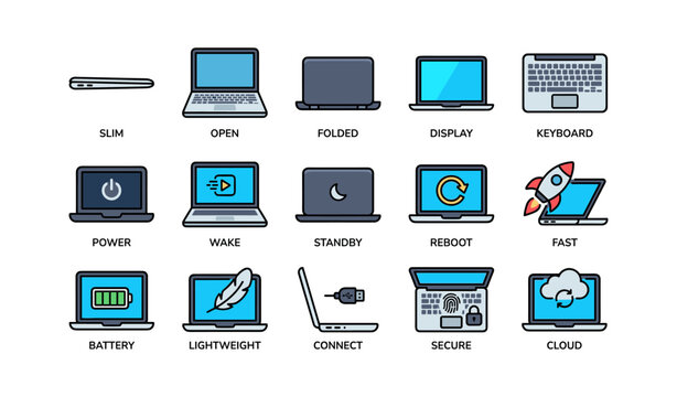 Laptop function icons: slim, open, folded, display, keyboard, power, wake, standby, reboot, fast, battery