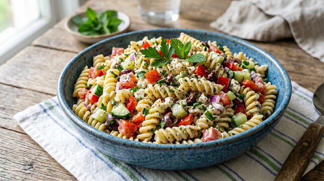 Fresh Mediterranean Pasta salad with colorful vegetables in a blue bowl.