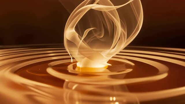 Golden smoke rising above concentric liquid ripple with warm abstract glow and circular movement