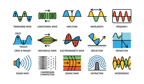 Illustrated guide to wave types and properties with diagrams