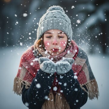 Young Girl in Knit Hat Blowing Snow in Snowy Forest