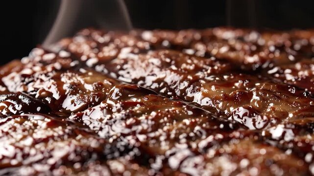 Glazed barbecue pork closeup with steam and glossy sauce, savory caramelized grilled meat fillet