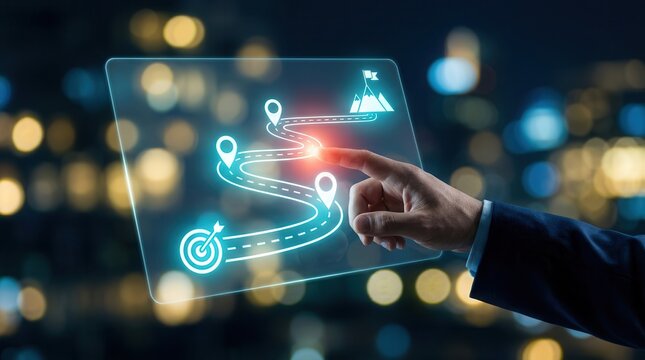 Visualizing a project roadmap concept with waypoint icons and goal achievement, shown on a virtual screen by a touching hand.