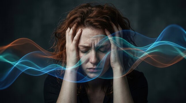 Visualizing intrusive memory and anxiety, a person holds their head, surrounded by an abstract wave overlay, representing trauma response and PTSD therapy.