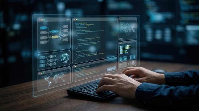 Artificial intelligence software development concept: a developer interacts with an AI-powered code generation interface on a virtual screen showcasing code and data panels.