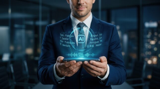 Automatic translation system concept demonstrates AI technology application, helping a person translate languages on a laptop computer with virtual robot AI.