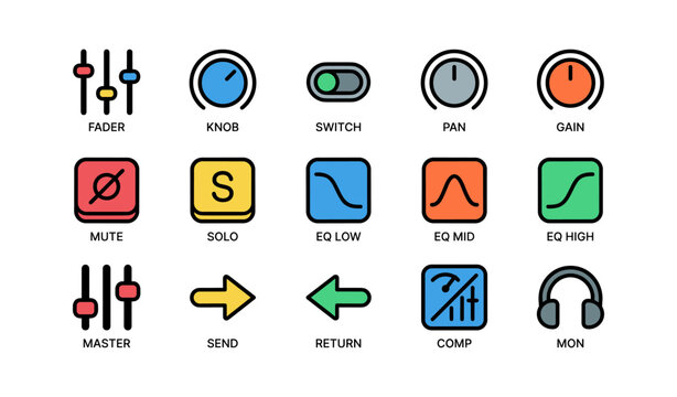 Colorful audio interface icons including fader knob switch pan gain and more
