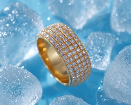 Luxurious gold diamond ring on ice cubes, elegant jewelry macro with sparkling round-cut gems, luxury wedding or engagement fashion accessory, high-end product showcase