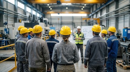 A group of employees in safety gear focuses on their supervisor during a workplace safety training session at a manufacturing plant.
