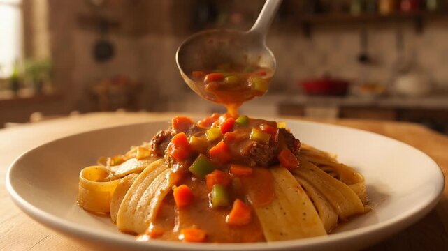 Ladling Rich Meat Bolognese Sauce onto Pappardelle Pasta Ribbons