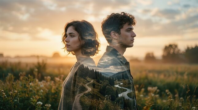 This double exposure image of a back-to-back couple conveys emotional distance, reflection, and the need for empathy in couple therapy emotional intelligence.