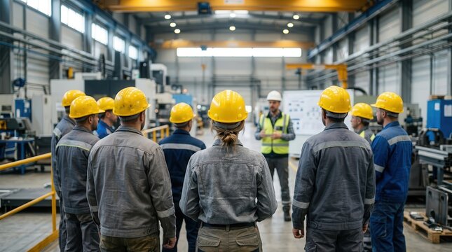 A group of employees in safety gear focuses on their supervisor during a workplace safety training session at a manufacturing plant.