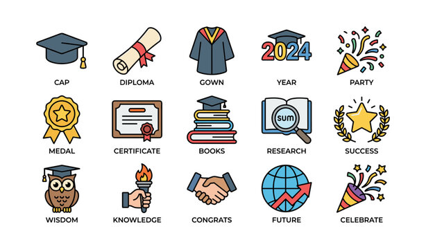 Graduation icons set: cap, diploma, gown, 2024, party, medal, books, success