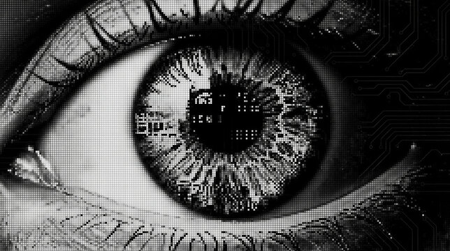 Human eye integrated with circuit board patterns. Cybernetic vision fusing biology and technology. Digital pixel art illustration for futuristic innovation concepts.