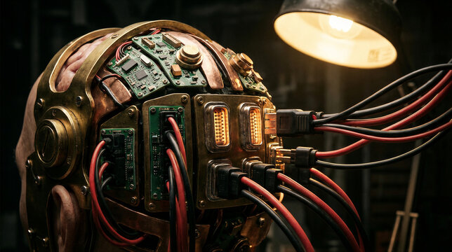 Cybernetic human head with exposed brain and integrated circuits. Mechanical enhancement fuses flesh and technology. Steampunk bio-engineering concept for futuristic innovation.