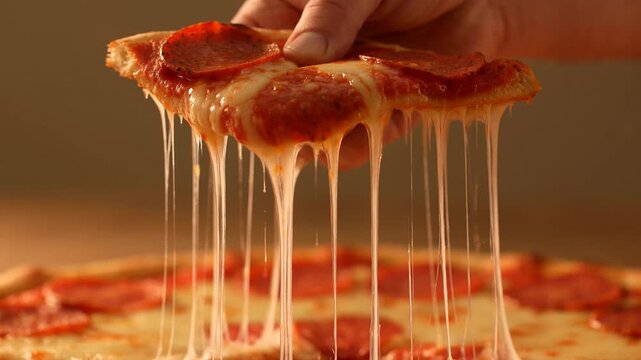 Lifting a slice of hot pepperoni pizza to create a massive gooey cheese pull stretch.