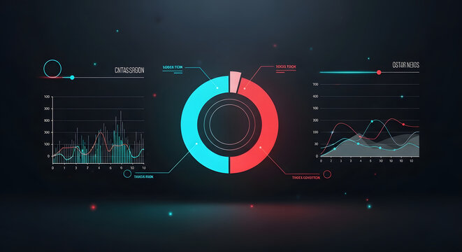 A futuristic infographic showcases various graphs and charts on a dark background with a prominent pie chart.