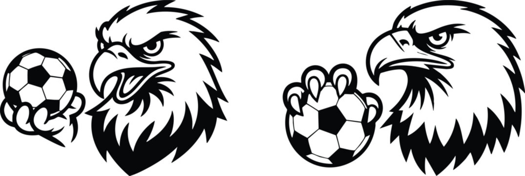 Angry Eagle Mascot Holding Soccer Ball Illustration Set, Modern Sports Team Logo Featuring Fierce Eagle Head and Soccer Ball, Black and White Vector Graphic of Competitive Eagle Mascot.