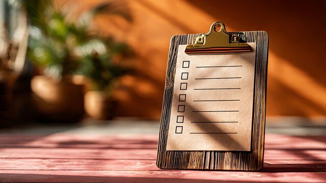 Wooden clipboard checklist with blank lines sits on a rustic table with dramatic sunlight shadows and sharp focus in this high resolution photo