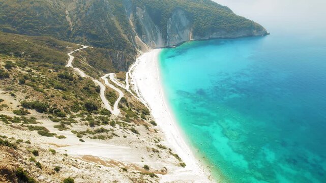 Aerial view of Myrtos Beach in Kefalonia Island from above on a sunny summer day