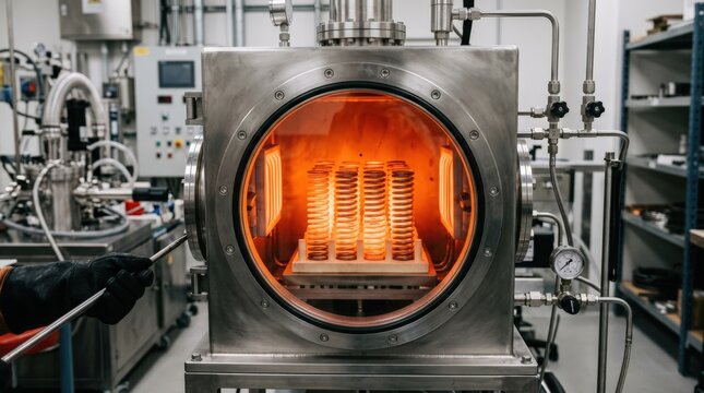 Medium shot capturing springs inside an inert atmosphere chamber undergoing precise heat treatment to prevent oxidation while boosting strength and longevity.