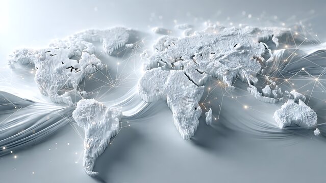 Global connectivity map features a textured white world surface with glowing digital network nodes and light trails in a sharp professional photo
