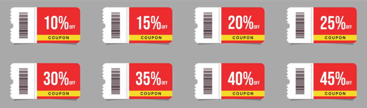 Collection of red and grey discount coupon cards with various percentage tags for business marketing promo