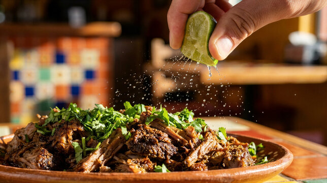 Hand squeezing lime over shredded beef with cilantro garnish. Traditional Mexican carnitas preparation. Fresh cuisine concept and rustic dining style.