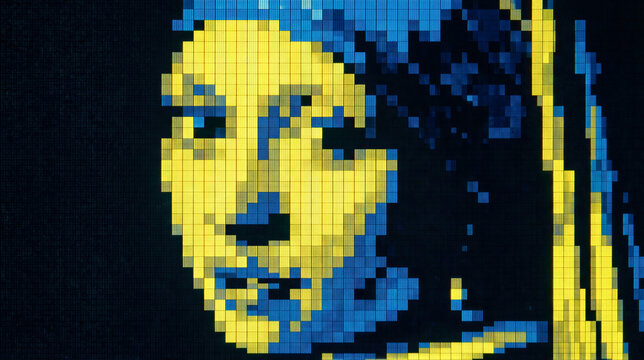 Pixelated portrait of young woman in classic pose. Digital mosaic art with blue headscarf and yellow face on black background. Retro pixel graphics reinterpretation of famous painting for modern
