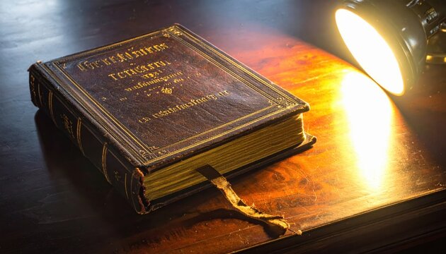 Ancient leather-bound codex with illuminated Latin script and gold leaf, illuminated by a focused lamp on a wooden desk.