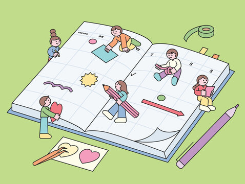 Cute children are decorating a huge diary together.
