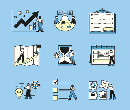 A combination of simple characters and massive business objects. A collection of business bundle illustrations.