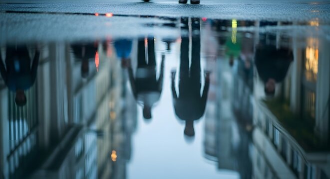 Json title abstract reflection of city lights on a wet pavement at night description a blurred artistic image showcasing the distorted