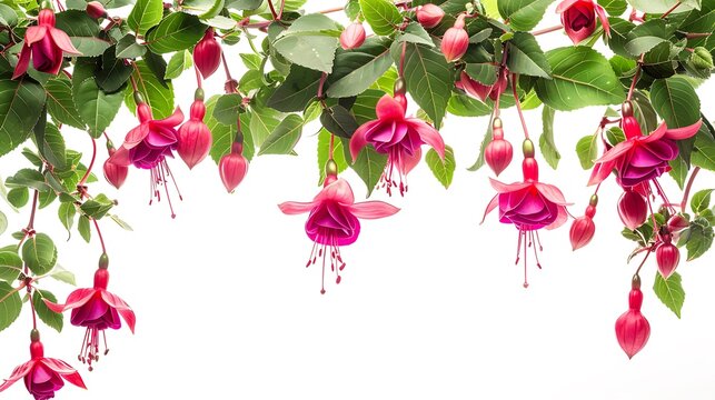 Vibrant pink fuchsia flowers hanging from green branches with morning dew droplets in this high resolution commercial floral photo on white backdrop