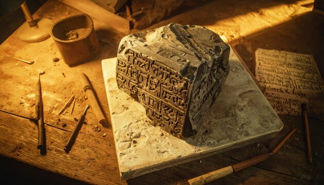 Partially carved stone tablet with ancient cuneiform inscriptions on a scribe's worktable