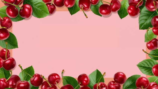 Cherry border PowerPoint background with ripe red cherries and leaves for summer, picnic and recipe slides