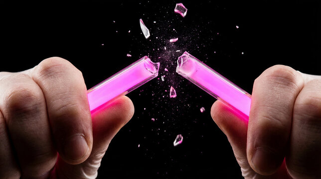Mans hands breaking glowing pink test tube. Glass shards exploding outward. Laboratory chemistry experiment and destructive reaction concept.