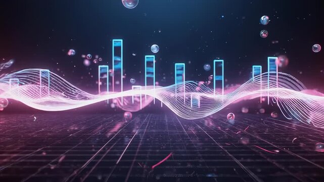An abstract, glowing composition with graph elements, wave lines, and bubbles in a dark, futuristic scene