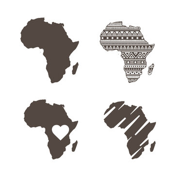 Africa continent maps in different styles and designs on white background