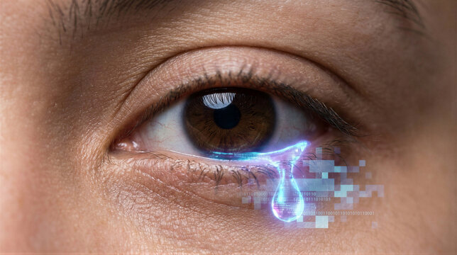 Womans asian eye with digital tear. Pixelated blue code dripping from eyelid. Cyber emotion and futuristic technology integration concept