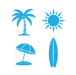 Obraz premium Blue icons of palm tree sun umbrella and surfboard on white background for summer vacation