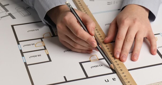 Architect with pencil and wooden ruler working on project, closeup