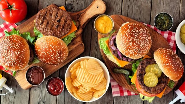 BBQ hamburger table scene. Slow rotating zoom motion. Top view over a dark wood background.