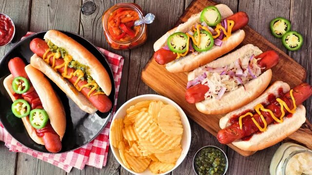 BBQ hot dog table scene. Slow rotating zoom motion. Above view over a dark wood background.