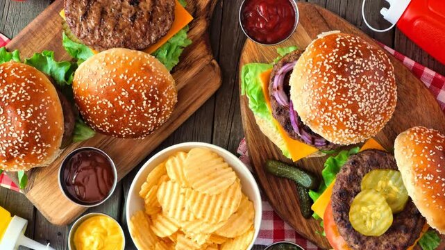Summer BBQ hamburger table scene. Slow rotating zoom motion. Above view over a dark wood background.