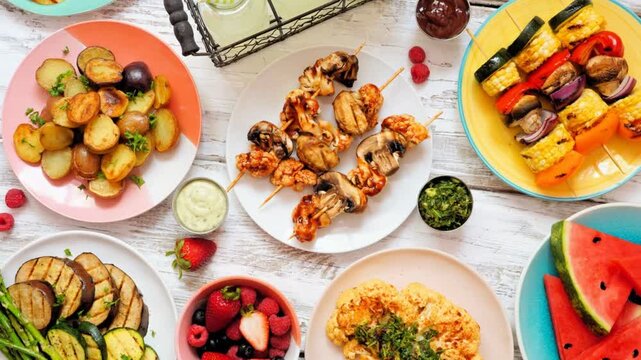 Healthy plant based summer bbq table scene. Slow rotating zoom motion. Above view on a white wood background. Grilled fruit and vegetables, skewers, cauliflower steak and vegetarian sides. 
