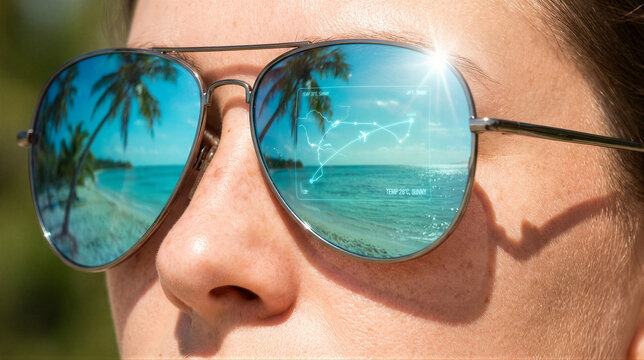Woman viewing tropical beach reflection in augmented reality sunglasses. Holographic travel map and sunny weather display overlay. Innovative vacation navigation technology.