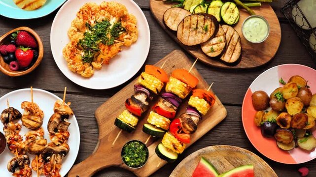 Healthy plant based summer bbq table scene. Slow rotating zoom motion. Top view on a dark wood background. Grilled fruit and vegetables, skewers, cauliflower steak and vegetarian sides. 