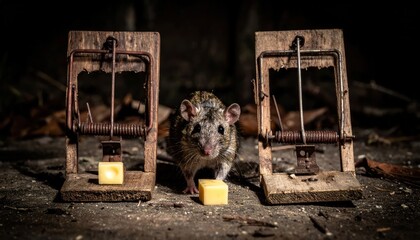 A cunning rat carefully approaches two old wooden mousetraps baited with cheese.