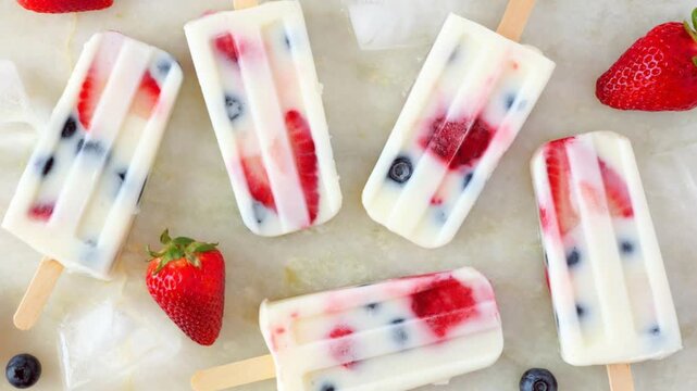 Healthy strawberry blueberry summer yogurt popsicles. Slow rotating zoom motion. Top view scattered on a white marble background.